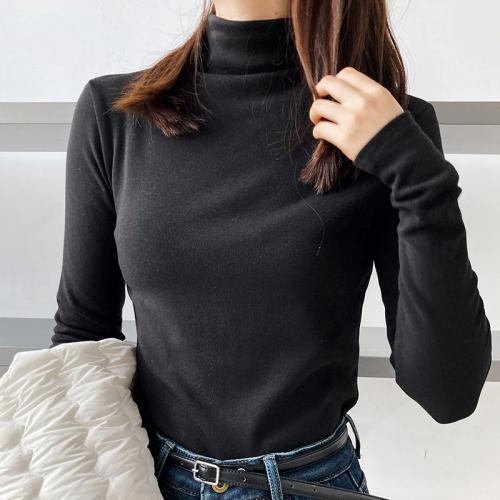 Polyester Women Long Sleeve T-shirt fleece Solid black PC