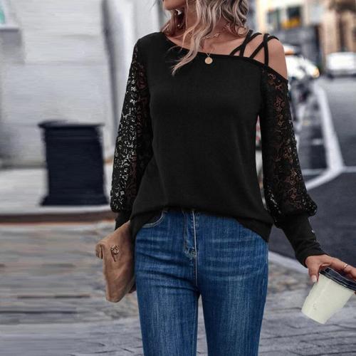 Polyester Women Long Sleeve T-shirt & off shoulder & One Shoulder patchwork Solid black PC