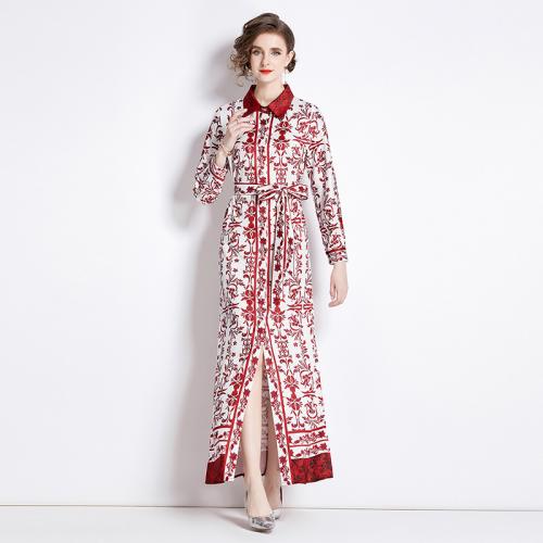 Polyester Slim & front slit One-piece Dress printed floral red PC
