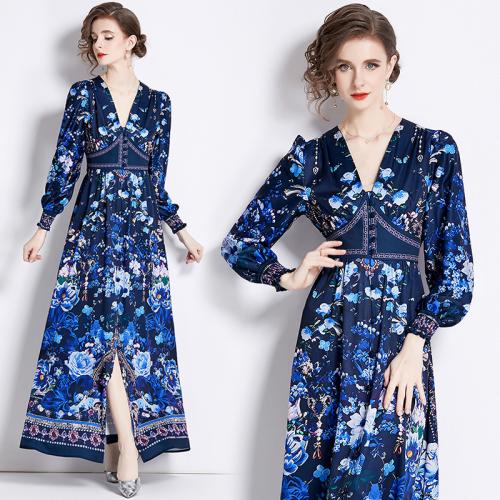Polyester Slim & front slit One-piece Dress printed floral blue PC