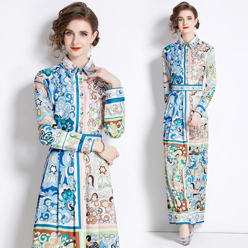 Polyester Waist-controlled One-piece Dress printed blue PC