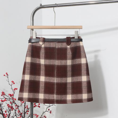 Polyester A-line & High Waist Package Hip Skirt printed plaid PC