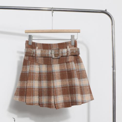 Woollen Cloth Pleated & High Waist Skirt plaid PC