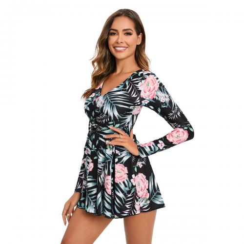 Polyester Quick Dry & High Waist One-piece Swimsuit printed floral black PC