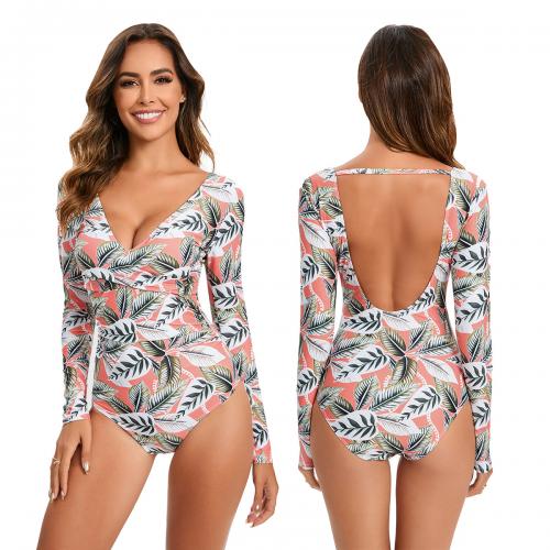 Polyester One-piece Swimsuit deep V & backless & skinny style printed leaf pattern PC