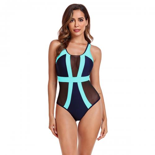 Spandex & Polyester One-piece Swimsuit see through look & slimming patchwork PC