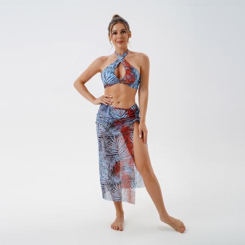 Spandex & Polyester Bikini slimming & backless & three piece printed leaf pattern Set
