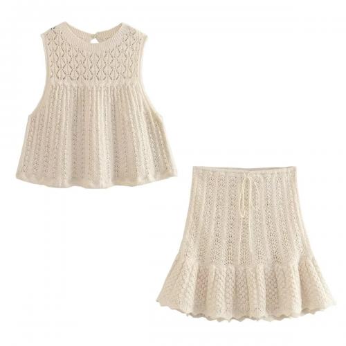Acrylic Slim Two-Piece Dress Set & hollow knitted Solid beige PC