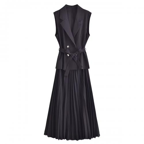 Polyester Slim One-piece Dress patchwork Solid black PC