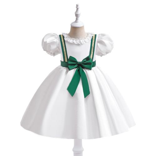 Cotton zipper Girl One-piece Dress with bowknot Solid white PC