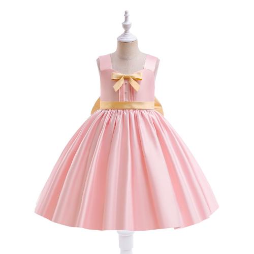 Cotton Princess & Ball Gown Girl One-piece Dress with bowknot Solid pink PC