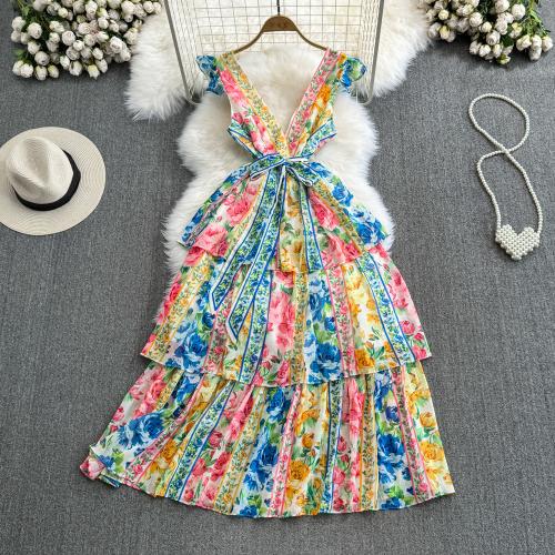Polyester Waist-controlled & Soft & Layered One-piece Dress slimming & deep V & backless printed floral PC