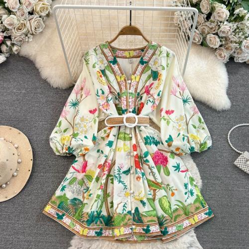 Mixed Fabric Waist-controlled & Soft One-piece Dress large hem design & mid-long style & slimming printed floral mixed colors PC
