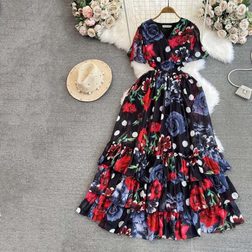Polyester Waist-controlled & Soft & long style & Layered One-piece Dress flexible & slimming printed floral PC