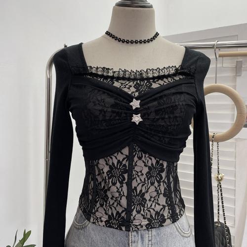 Lace & Polyester Slim Women Long Sleeve T-shirt see through look patchwork : PC