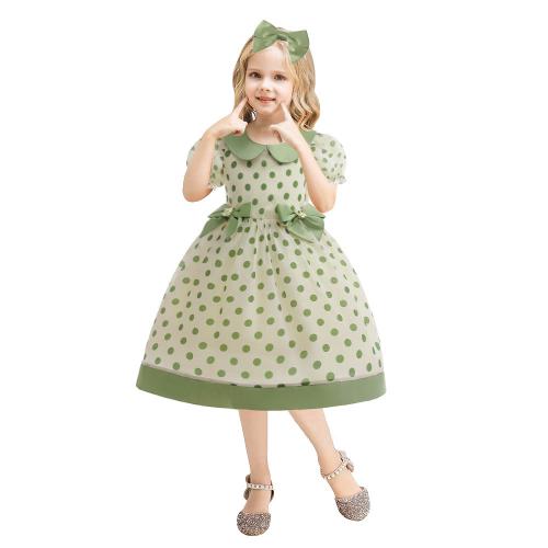 Cotton Ball Gown Girl One-piece Dress with bowknot hair ring printed dot green PC