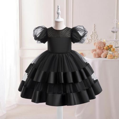 Lace & Cotton Ball Gown Girl One-piece Dress see through look Solid black PC