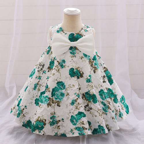 Cotton Girl One-piece Dress Cute & with bowknot printed floral green PC