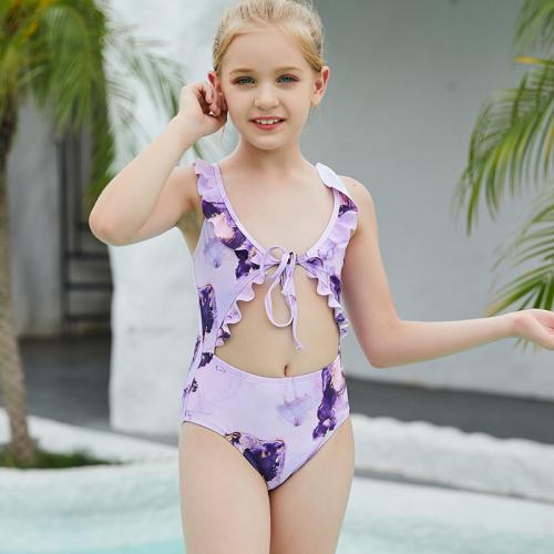 Polyamide One-piece Swimsuit flexible & backless printed purple PC
