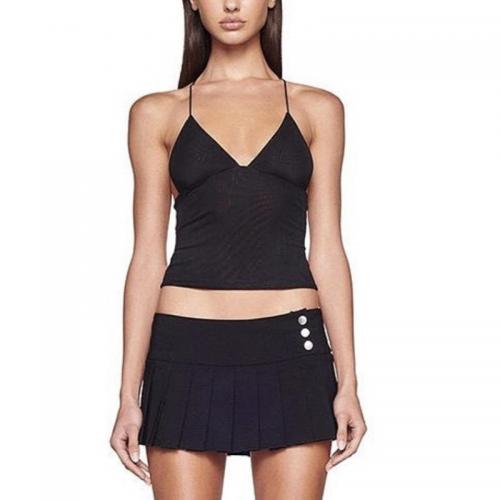 Polyester Lace Up Camisole patchwork Solid black PC