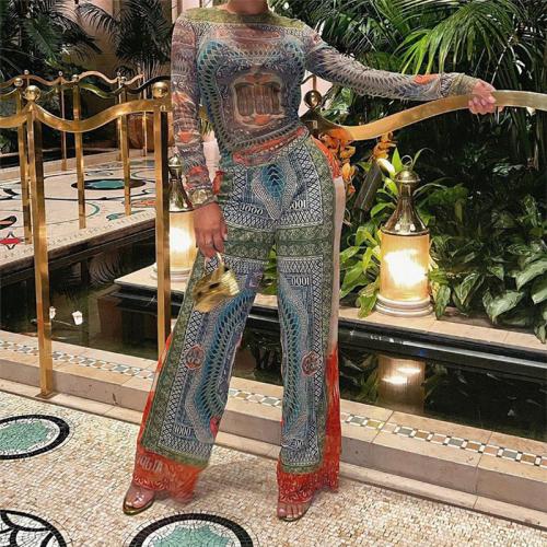 Polyester Women Casual Set & two piece Long Trousers & long sleeve blouses printed green Set