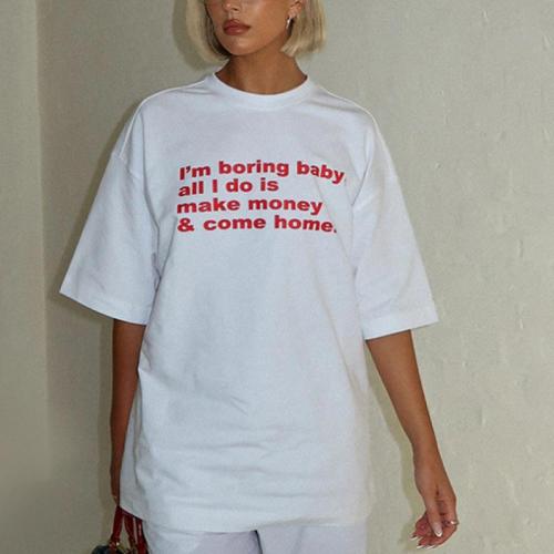 Algodón Mujeres Camisetas de manga corta, impreso, carta, blanco,  trozo