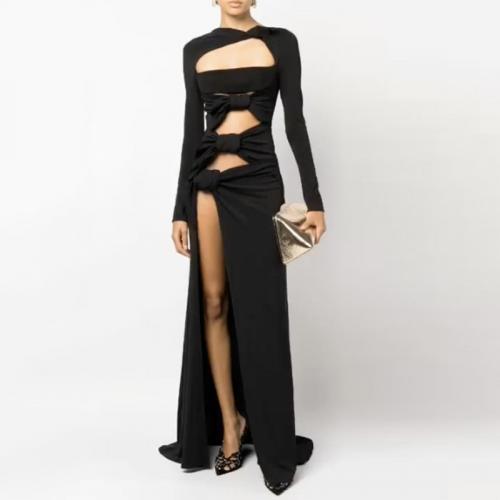 Polyester Slim Long Evening Dress & hollow patchwork Solid black PC