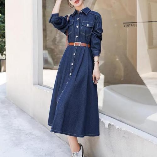 Polyester Waist-controlled Jeans Dress slimming Solid blue PC