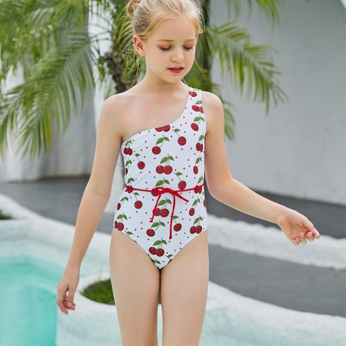 Polyester One-piece Swimsuit flexible & backless printed fruit pattern white PC