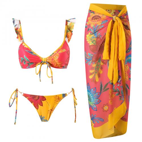 Polyamide & Chiffon Bikini & sun protection & two piece printed floral yellow Set