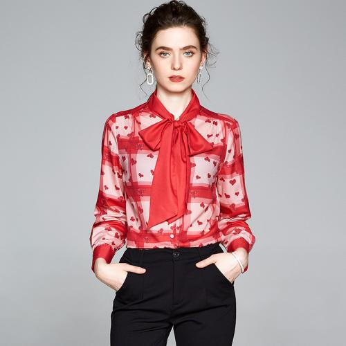 Polyester Frauen Langarm Shirt, Gedruckt, Herzmuster, Rot,  Stück