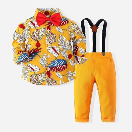 Cotton Boy Clothing Set & two piece suspender pant & top printed leaf pattern yellow Set