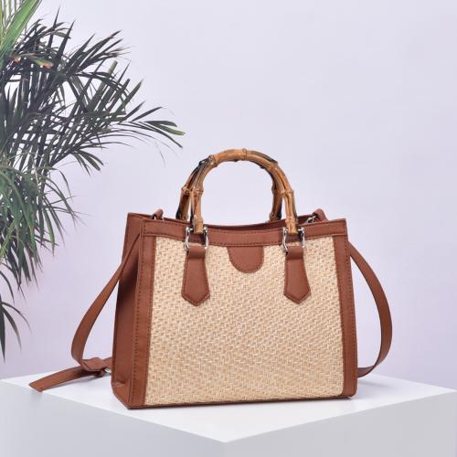 Bamboo & PU Leather Easy Matching Woven Tote & attached with hanging strap brown PC
