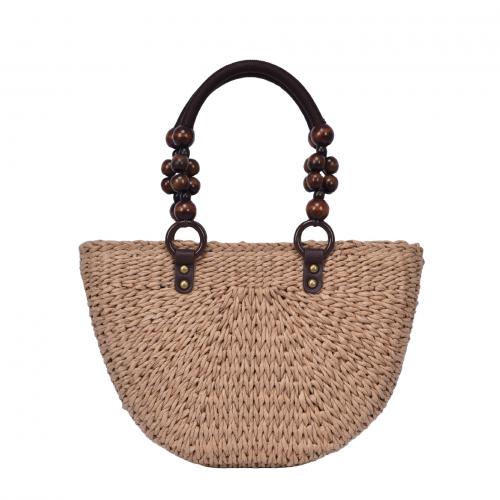 Paper Rope & Wooden Beads Easy Matching Woven Shoulder Bag large capacity khaki PC