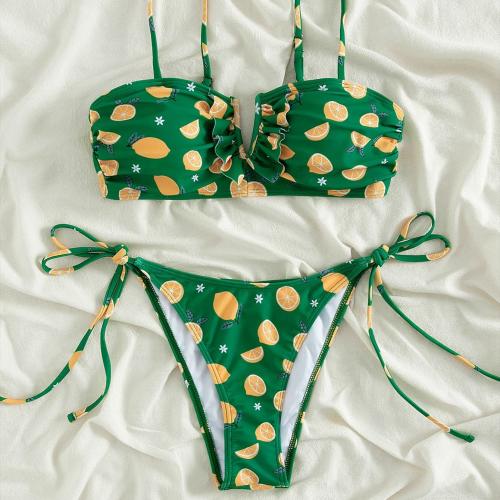 Spandex & Polyester Bikini backless & two piece printed fruit pattern green Set