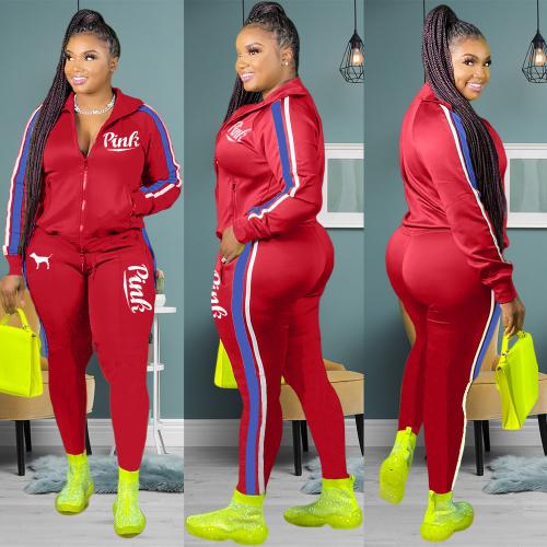 Polyester Plus Size Women Casual Set, different size for choice & two piece, Pants & coat, printed, letter, more colors for choice,  Set