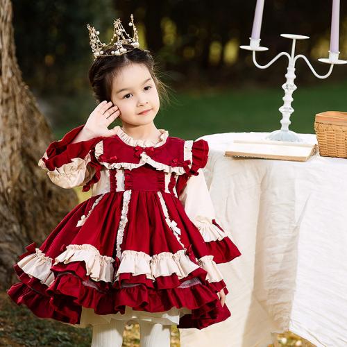Cotton Princess & Ball Gown Girl One-piece Dress patchwork wine red PC