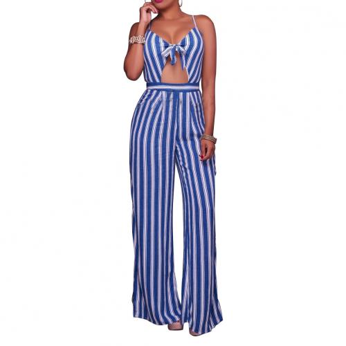 Polyester Long Jumpsuit slimming & deep V printed striped PC