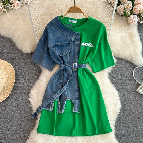 Denim & Acrylic Slim One-piece Dress, with belt, patchwork, more colors for choice, :,  PC