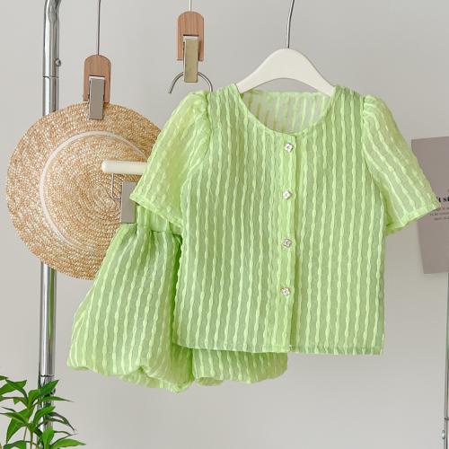 Polyester Soft Girl Clothes Set & two piece & breathable Solid green Set
