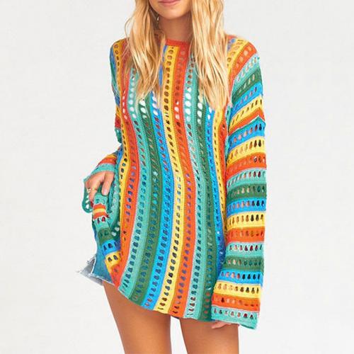 Polyester Beach Dress loose & hollow striped multi-colored : PC