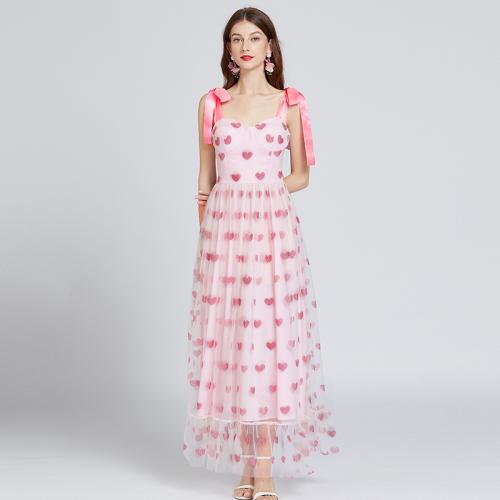 Gauze & Spandex Slim & High Waist Slip Dress heart pattern pink and white PC