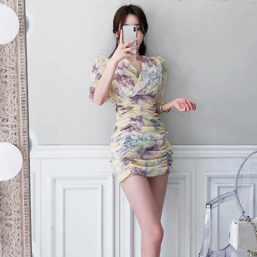 Polyester Slim One-piece Dress, different size for choice, printed, floral, multi-colored,  PC