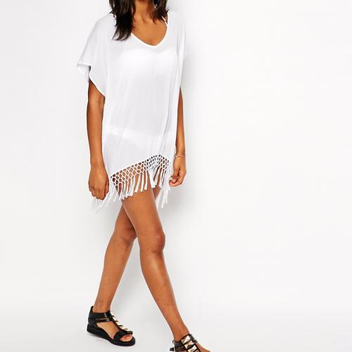 Polyester Tassels Beach Dress Solid white : PC