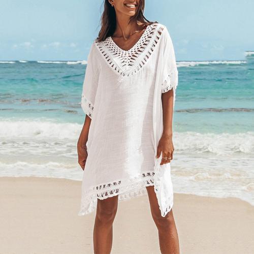 Polyester & Cotton Tassels Beach Dress hollow Solid white : PC