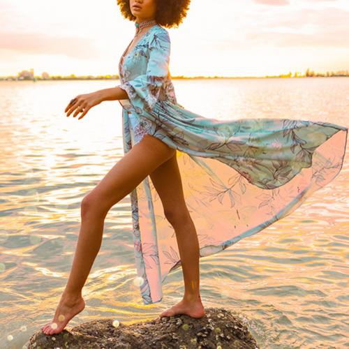Chiffon & Polyester Swimming Cover Ups sun protection & loose printed floral blue : PC