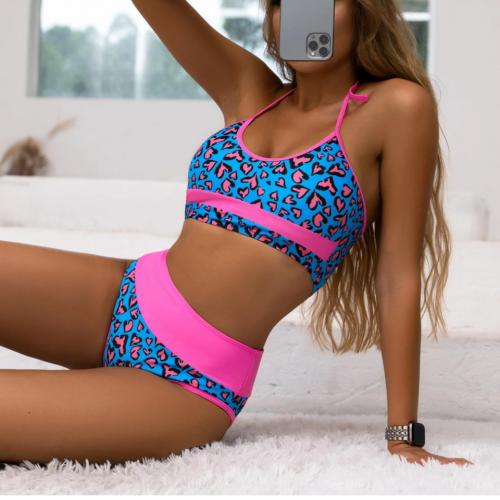 Polyester Bikini, Gedruckt, Leopard, blau und rosa,  Festgelegt
