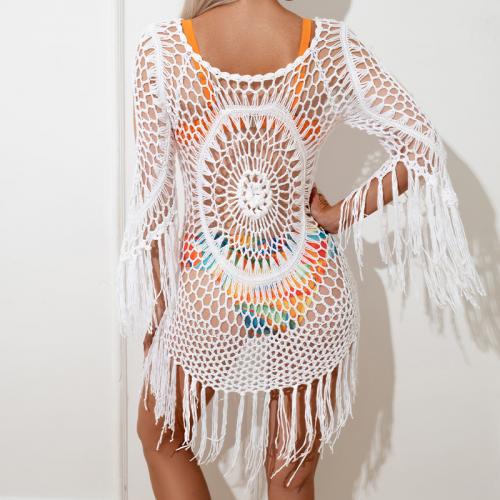 Polyester Tassels Swimming Cover Ups hollow patchwork white : PC