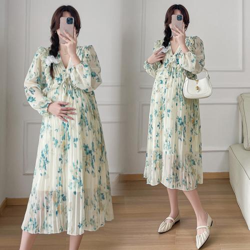 Polyester Maternity Dress & loose printed shivering green PC