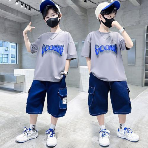Cotton Boy Summer Clothing Set & two piece Pants & top printed letter Set